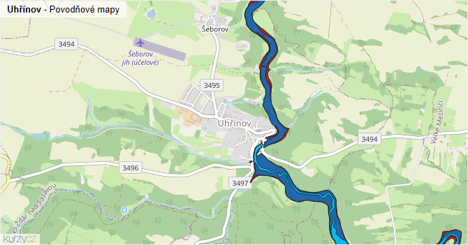 Uhřínov - záplavové mapy stoleté vody