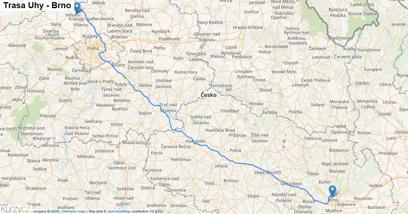 Uhy-Brno, mapa trasy
