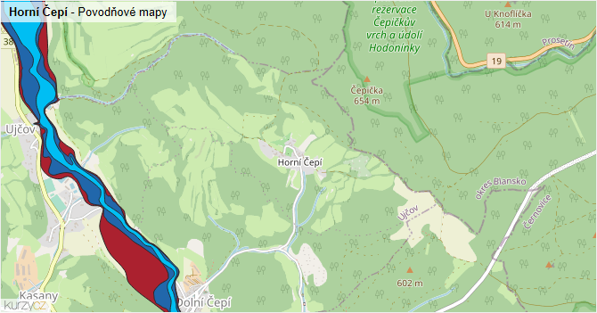 Horní Čepí - záplavové mapy stoleté vody