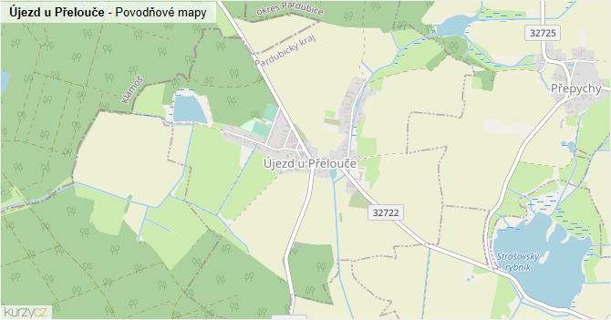 Újezd u Přelouče - záplavové mapy stoleté vody