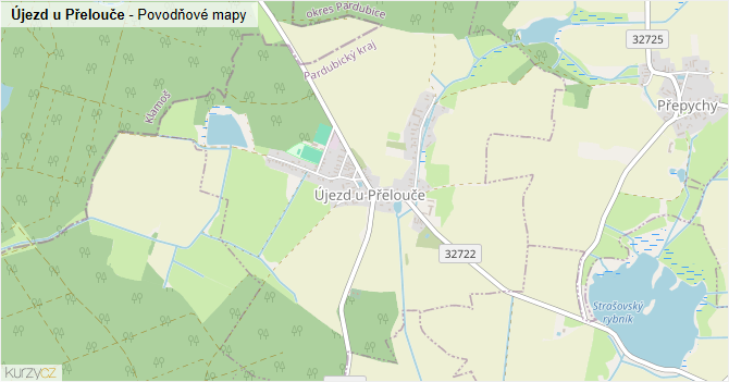 Újezd u Přelouče - záplavové mapy stoleté vody