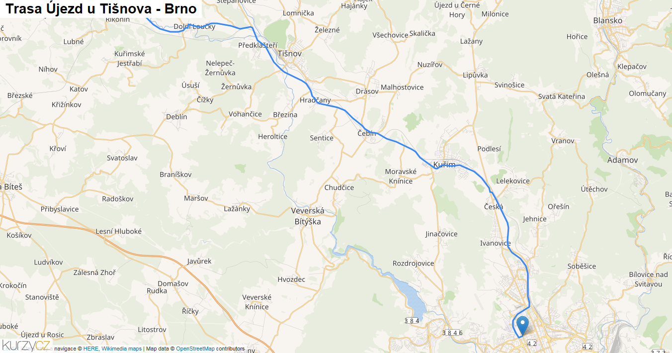Újezd u Tišnova-Brno, mapa trasy