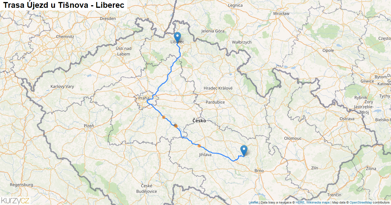 Újezd u Tišnova-Liberec, mapa trasy