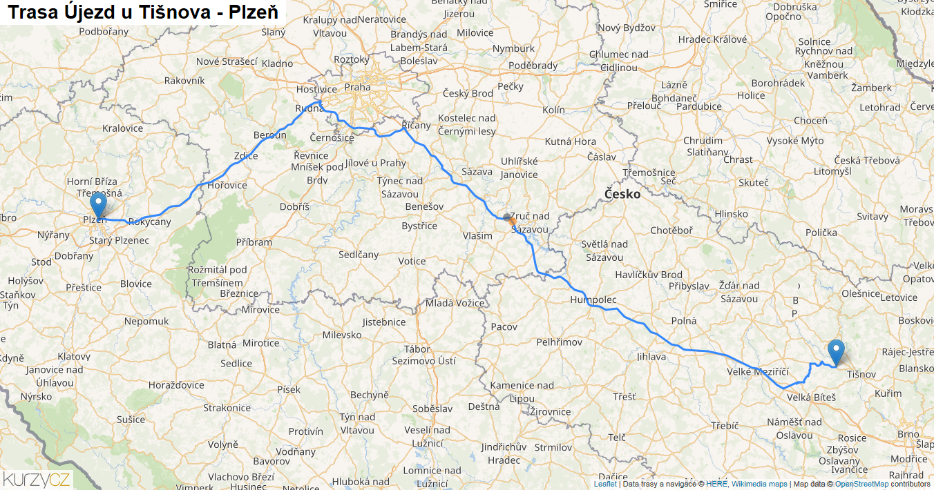 Újezd u Tišnova-Plzeň, mapa trasy