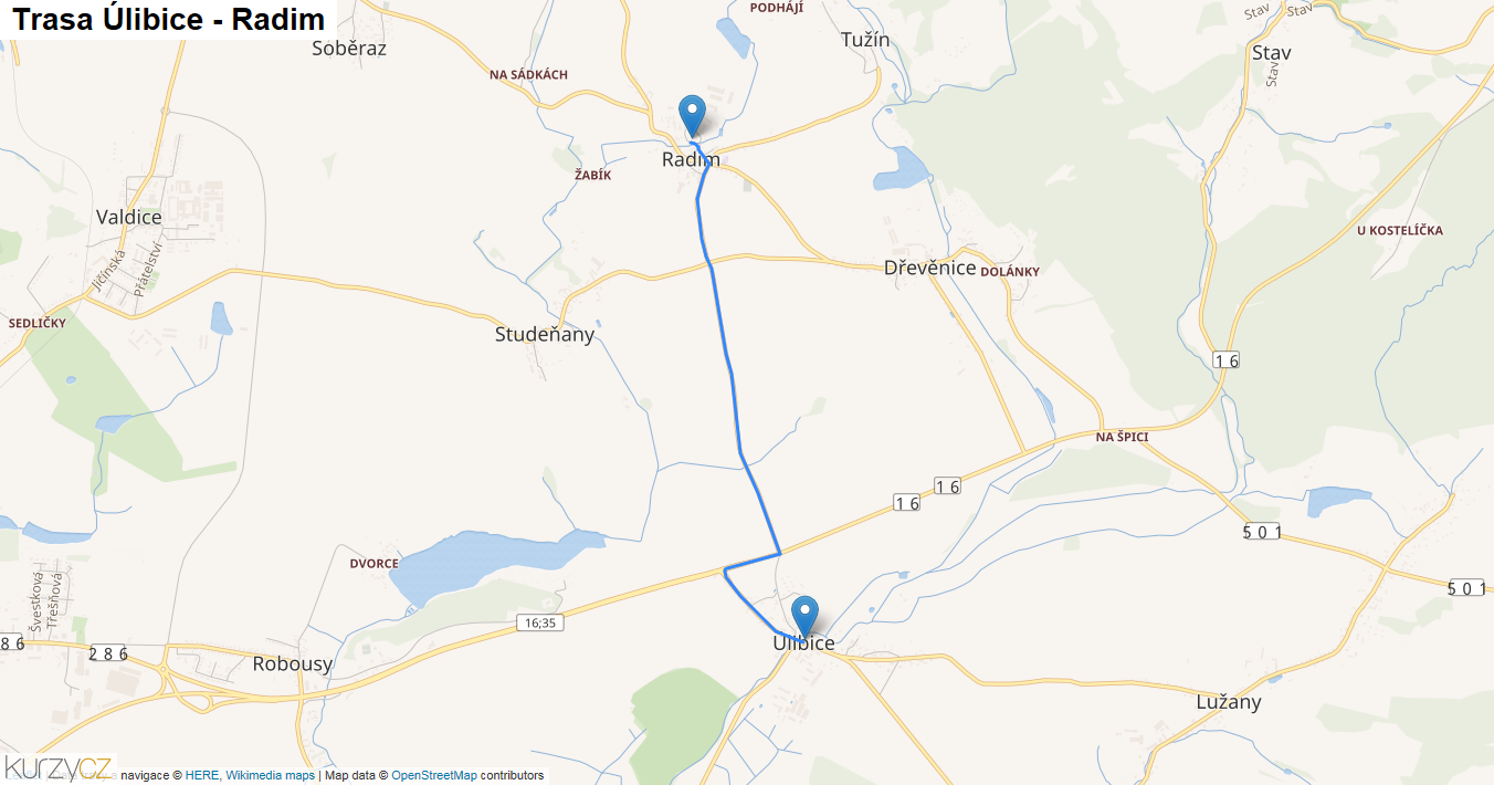 Úlibice-Radim, mapa trasy