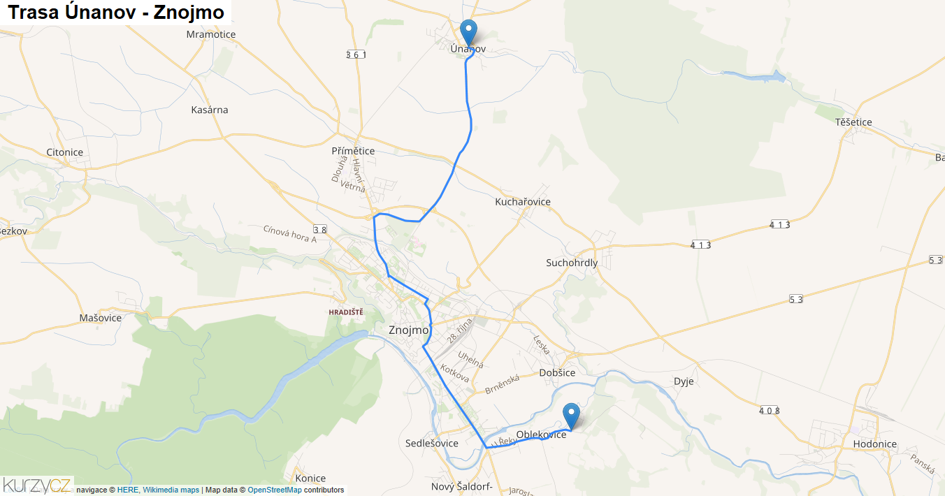 Únanov-Znojmo, mapa trasy