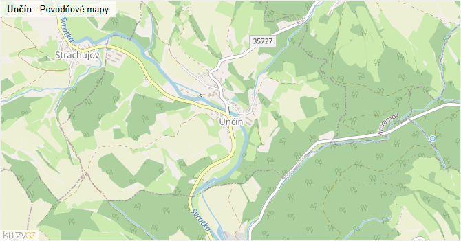 Unčín - záplavové mapy stoleté vody