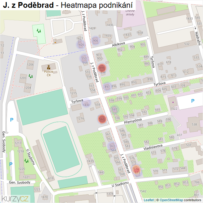 Mapa J. z Poděbrad - Firmy v ulici.