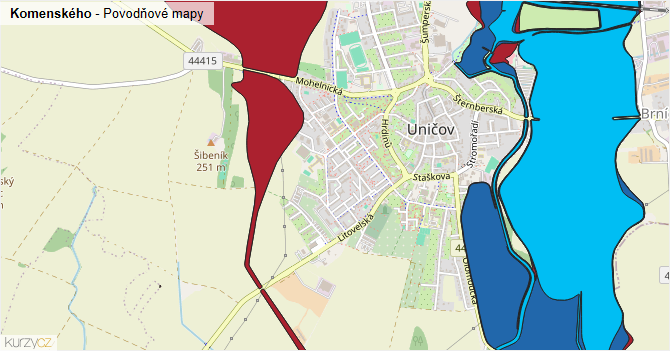 Komenského - záplavové mapy stoleté vody
