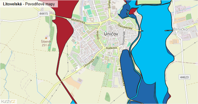 Litovelská - záplavové mapy stoleté vody
