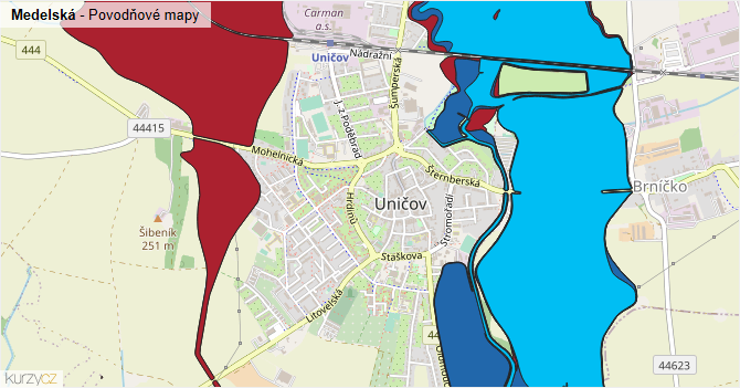Medelská - záplavové mapy stoleté vody