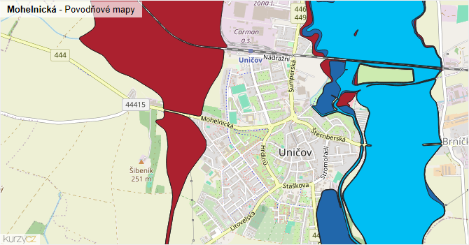 Mohelnická - záplavové mapy stoleté vody