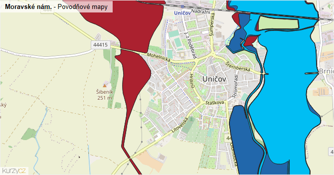 Moravské nám. - záplavové mapy stoleté vody