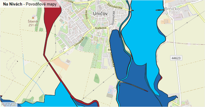 Na Nivách - záplavové mapy stoleté vody