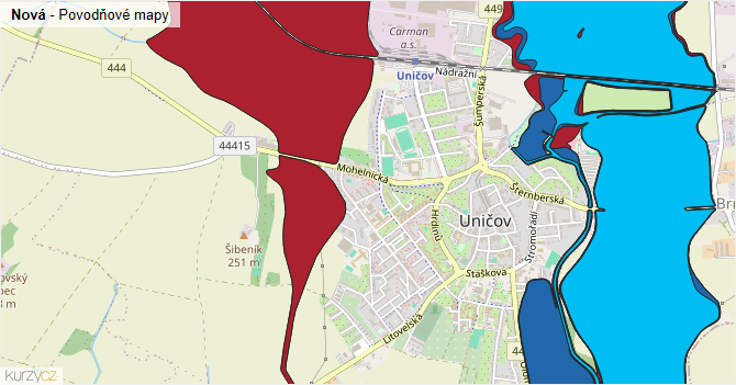 Nová - záplavové mapy stoleté vody