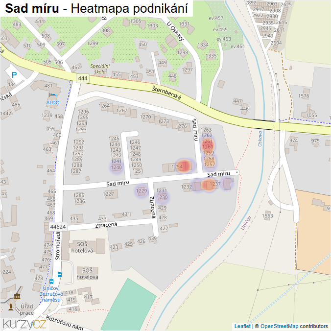 Mapa Sad míru - Firmy v ulici.