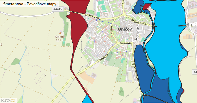 Smetanova - záplavové mapy stoleté vody