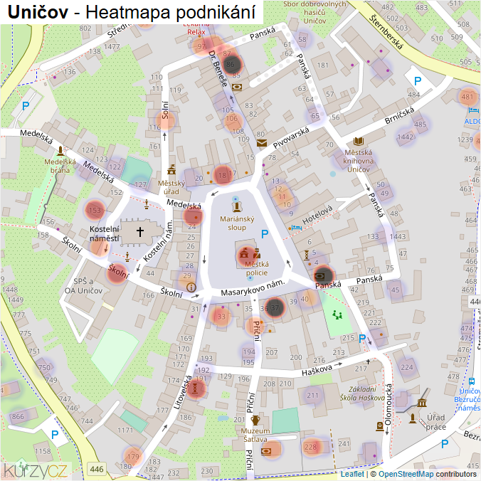 Mapa Uničov - Firmy v části obce.