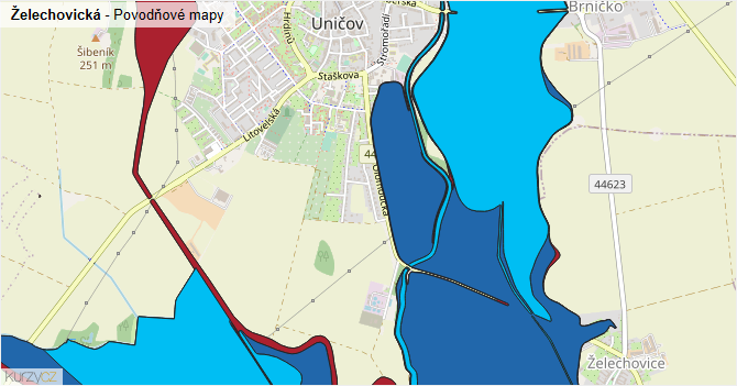Želechovická - záplavové mapy stoleté vody