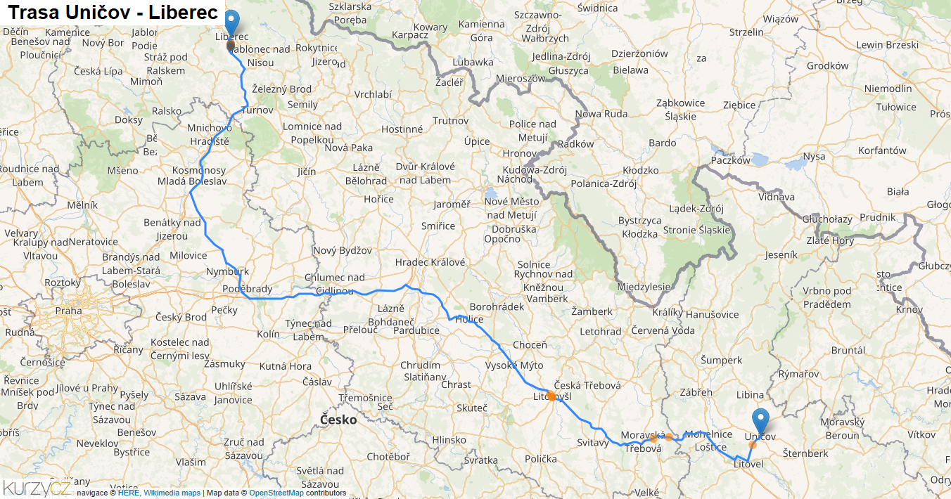 Uničov-Liberec, mapa trasy