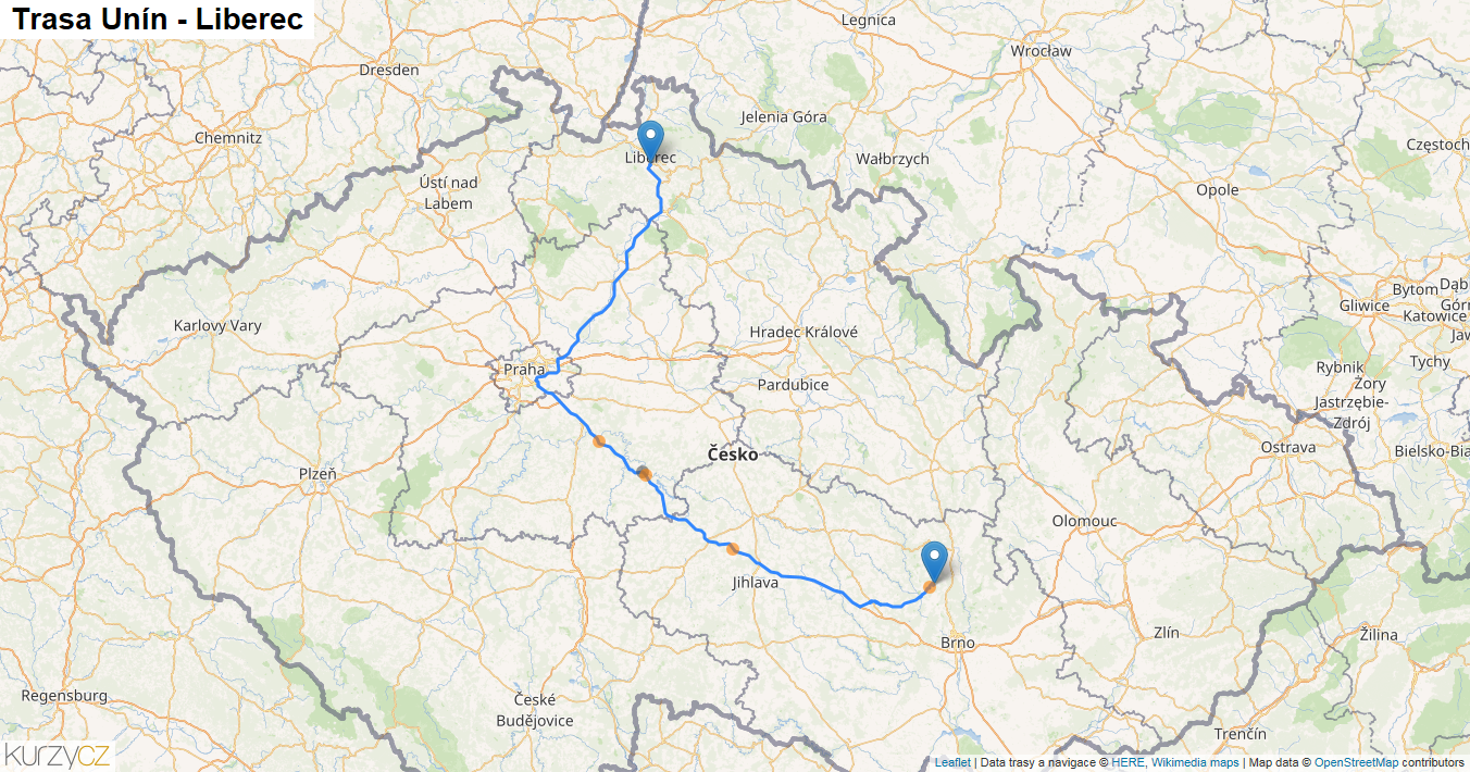 Unín-Liberec, mapa trasy