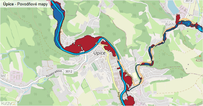 Úpice - záplavové mapy stoleté vody