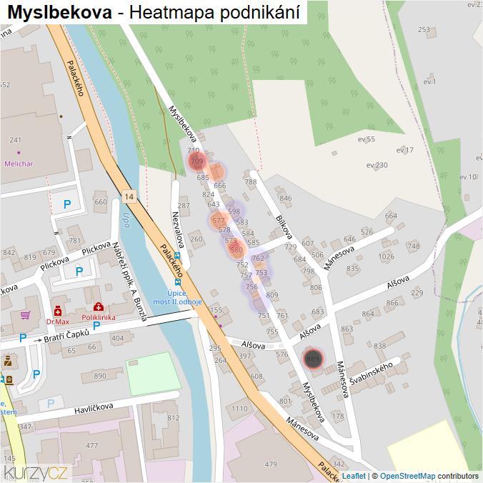 Mapa Myslbekova - Firmy v ulici.