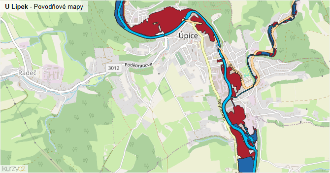 U Lipek - záplavové mapy stoleté vody