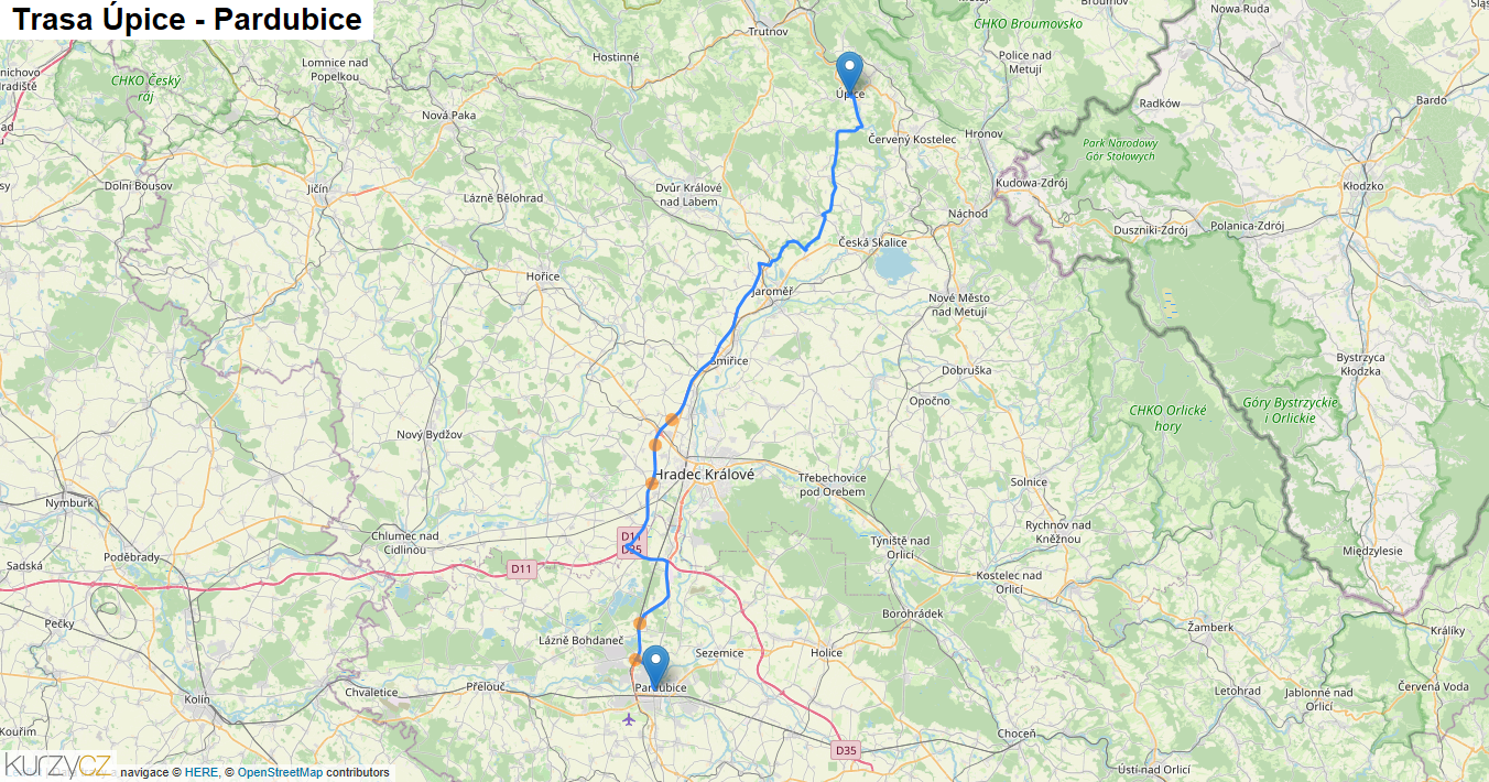 Úpice-Pardubice, mapa trasy
