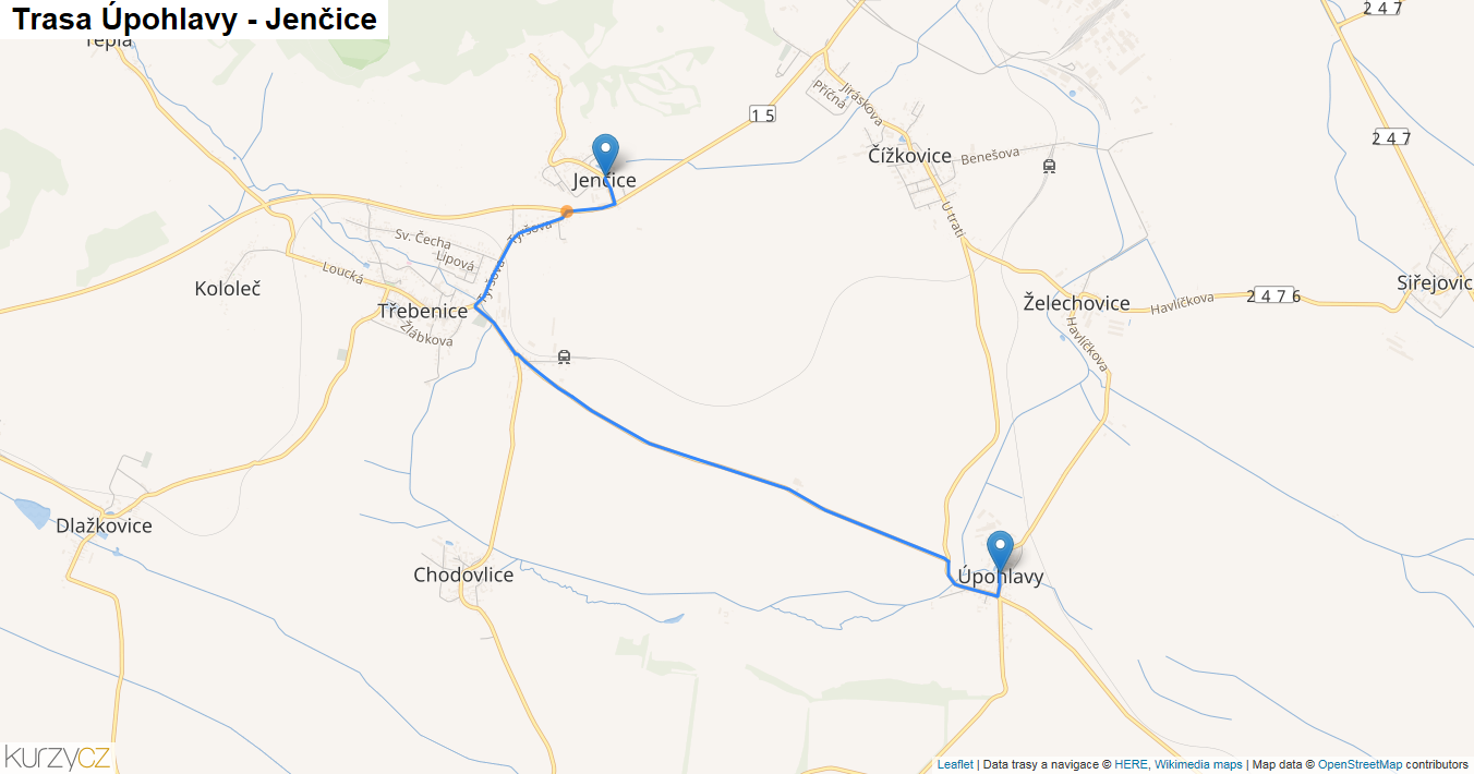Úpohlavy-Jenčice, mapa trasy