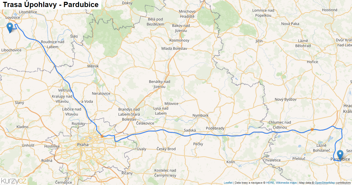 Úpohlavy-Pardubice, mapa trasy