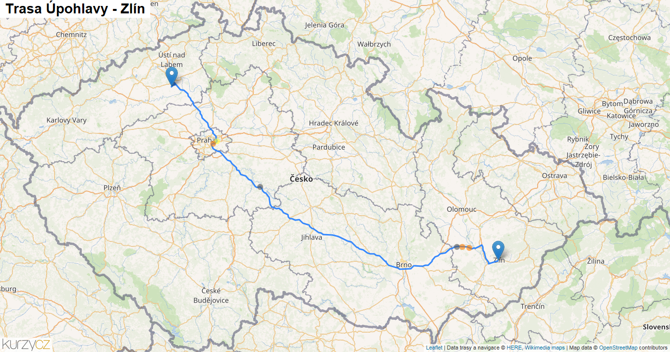 Úpohlavy-Zlín, mapa trasy