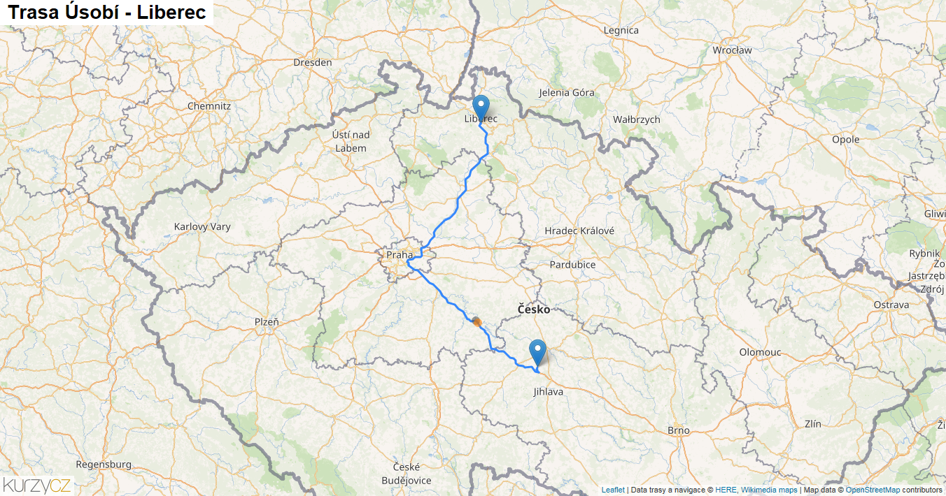 Úsobí-Liberec, mapa trasy