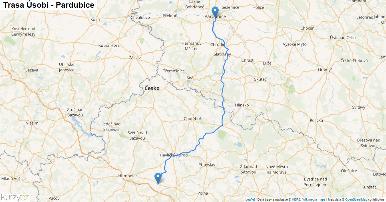 Úsobí-Pardubice, mapa trasy