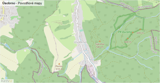 Úsobrno - záplavové mapy stoleté vody
