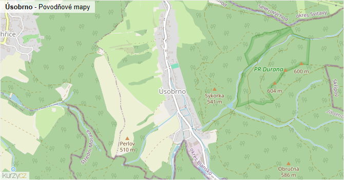 Úsobrno - záplavové mapy stoleté vody