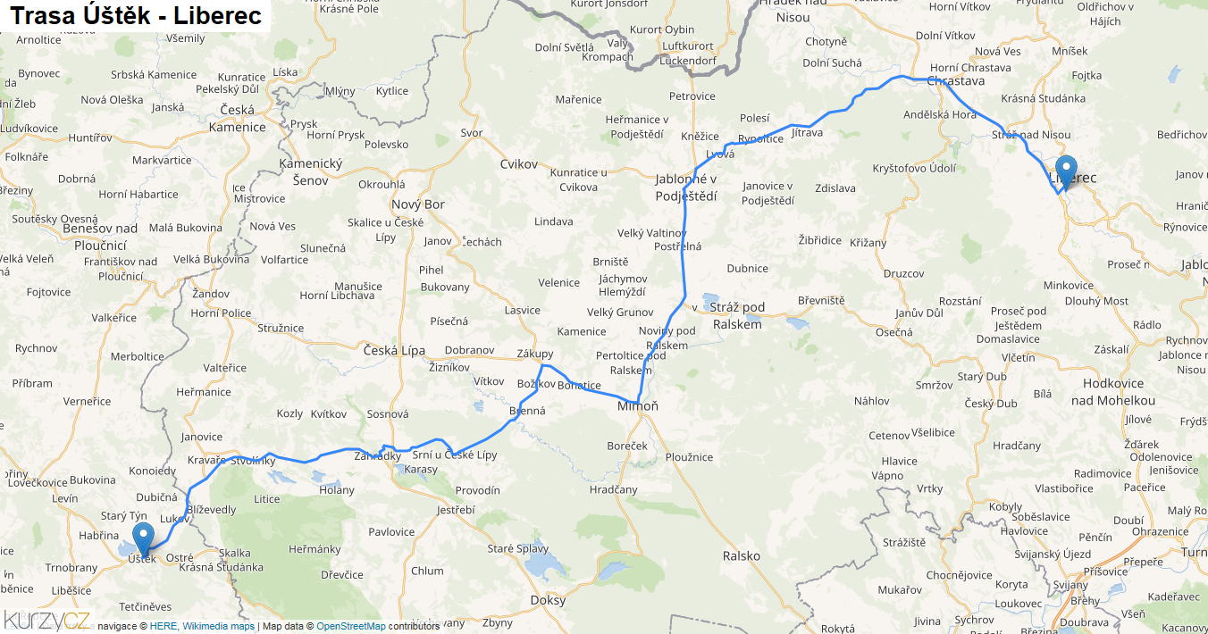 Úštěk-Liberec, mapa trasy