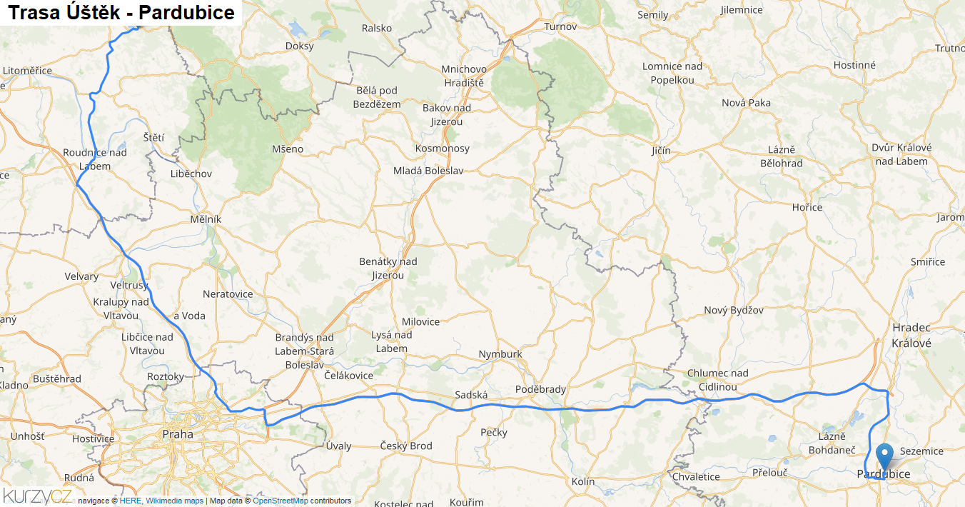 Úštěk-Pardubice, mapa trasy