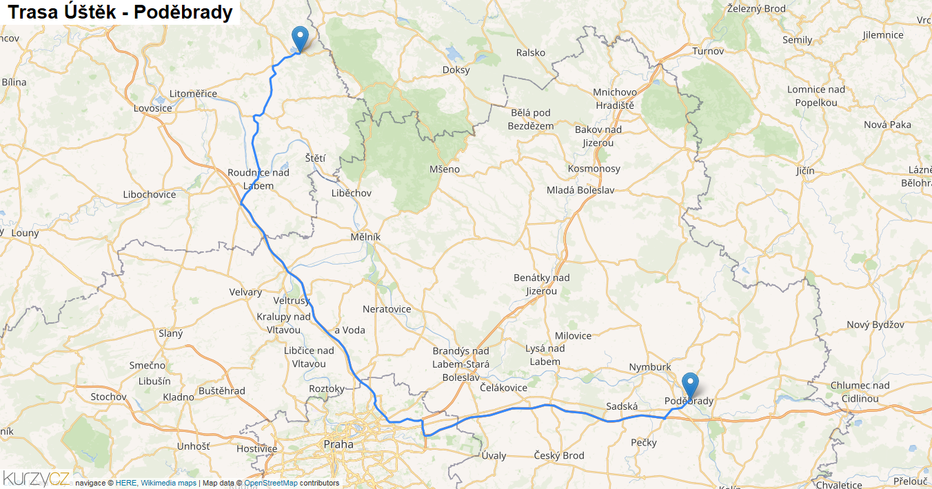 Úštěk-Poděbrady, mapa trasy