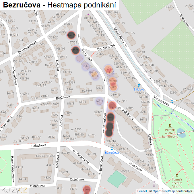 Mapa Bezručova - Firmy v ulici.