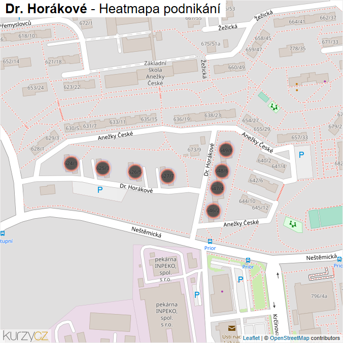 Mapa Dr. Horákové - Firmy v ulici.