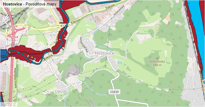 Hostovice - záplavové mapy stoleté vody