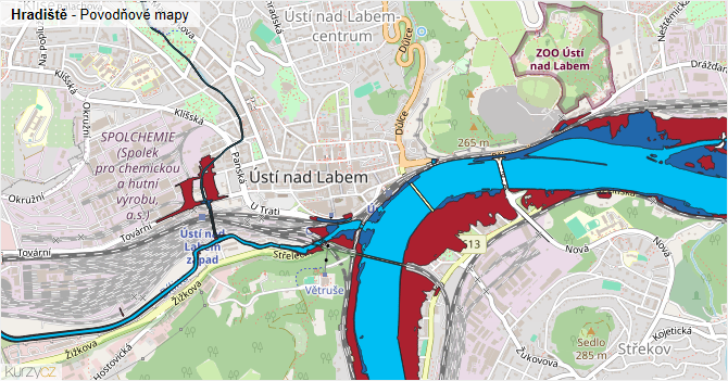 Hradiště - záplavové mapy stoleté vody