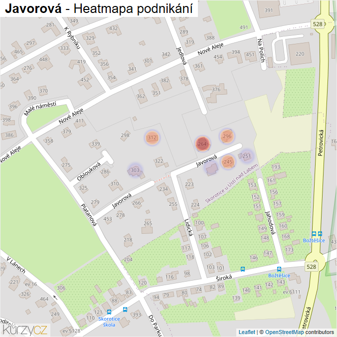 Mapa Javorová - Firmy v ulici.