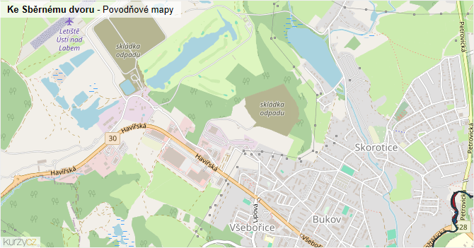Ke Sběrnému dvoru - záplavové mapy stoleté vody