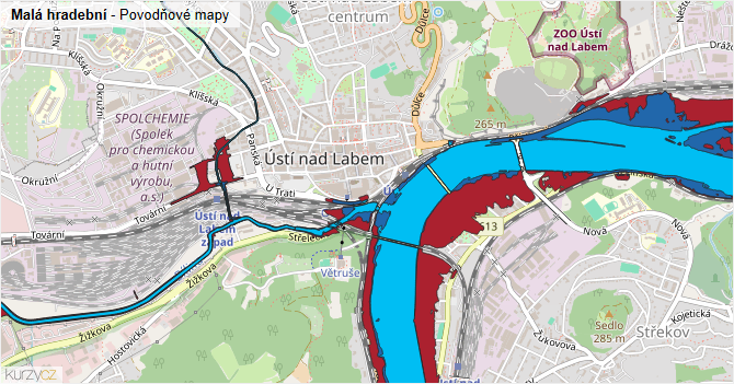 Malá hradební - záplavové mapy stoleté vody