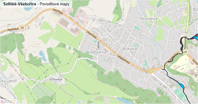 Sídliště-Všebořice - záplavové mapy stoleté vody