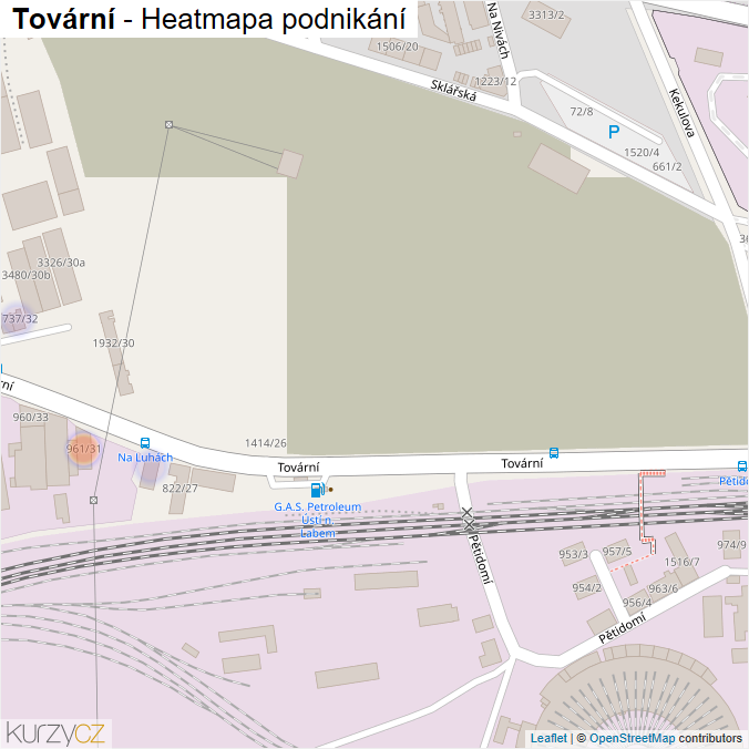 Mapa Tovární - Firmy v ulici.