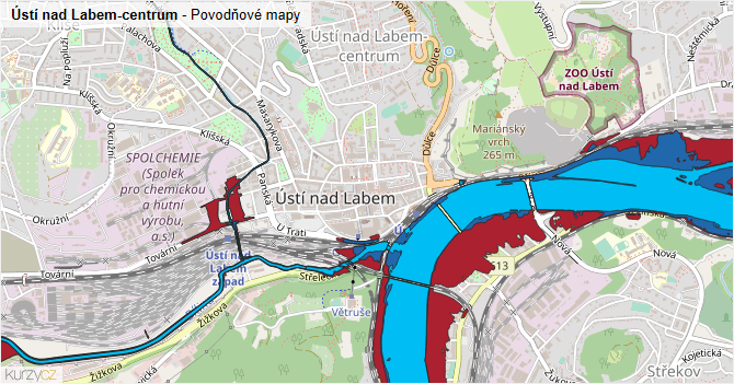 Ústí nad Labem-centrum - záplavové mapy stoleté vody