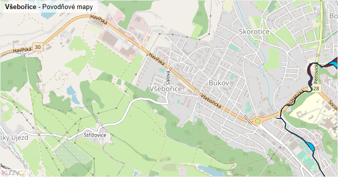 Všebořice - záplavové mapy stoleté vody